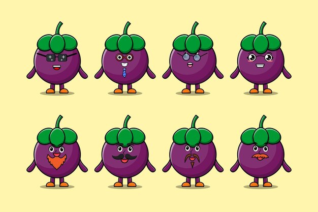 set kawaii mangosteen cartoon with expressions