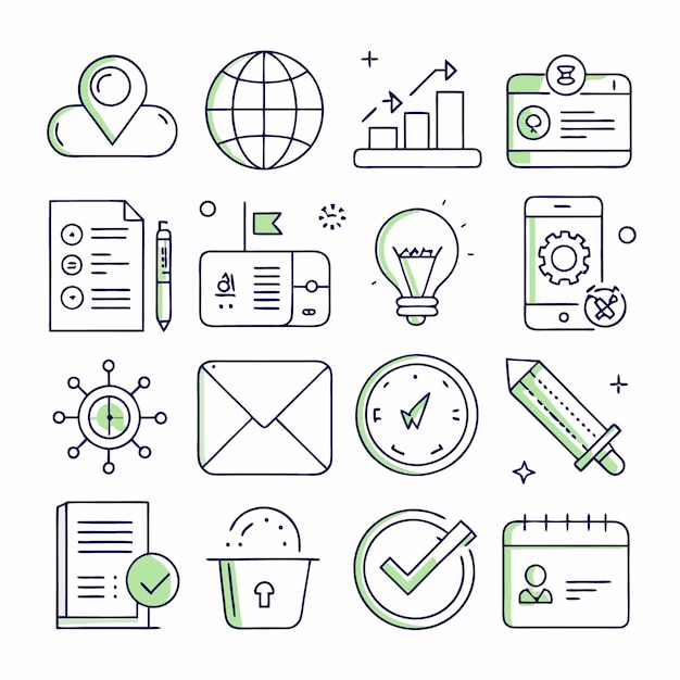 Set of 16 line icons representing business marketing and technology concepts
