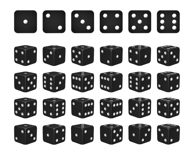 set of 24 icons of dice in all possible turns - black cubes with white pips isolated on white background. vector illustration