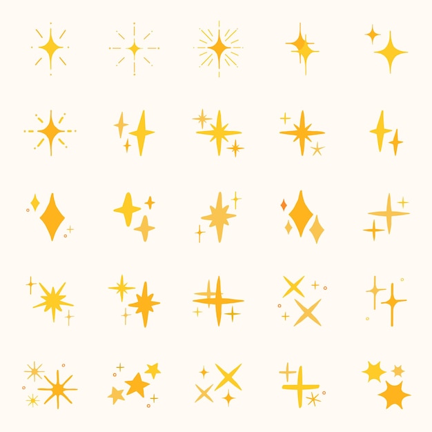 set of 25 golden star icons in various shapes stars golden and icons repeat throughout stars in different designs golden and bright icons for decoration element vector set