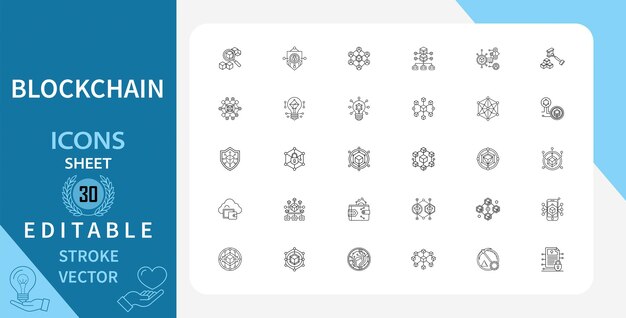 set of 30 line icons related to blockchain finance money network security data and more