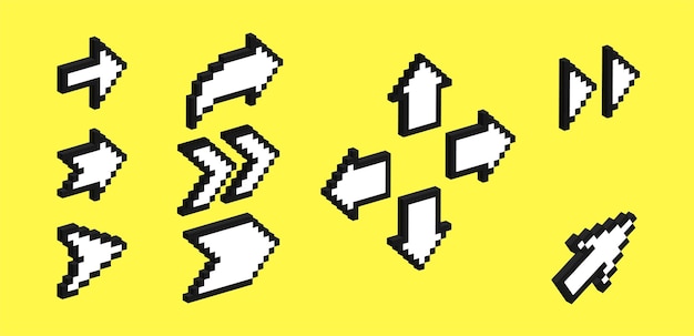 Set of 3d arrows in pixel art style Vector illustration of 8 bit game assets