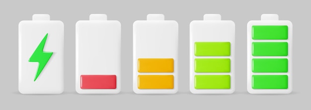 Set of 3D battery charge indicators with charge levels Energy power symbols