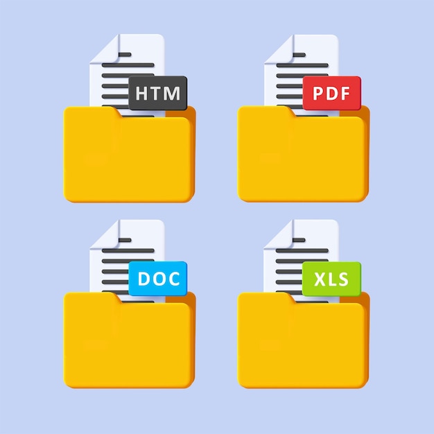 set of 3d icons of file format documents in folder