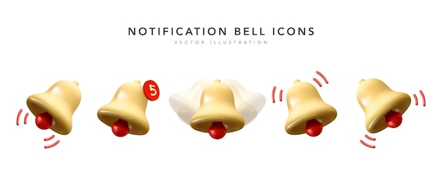 Set of 3d new year bell notification in red and yellow color. Vector illustration
