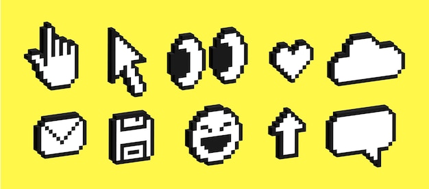 Set of 3d pixel art icons of emoji arrow cloud eye heart email Pack of pixelated emoji icons