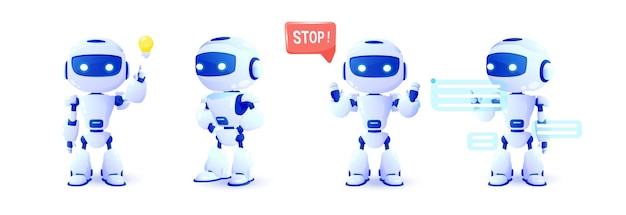 set of 3d robots in different views online communication with artificial intelligence chat bot modern technology online consultation
