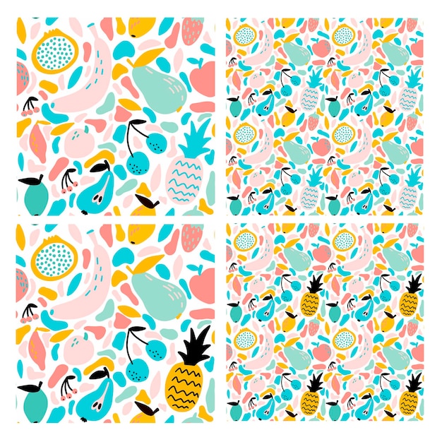 Set of 4 abstract seamless pattern with fruits and berries different size