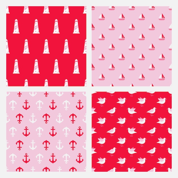 Set of 4 pink seamless patterns with nautical elements