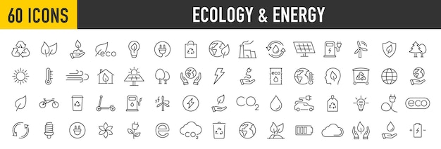 Set of 60 Ecology and Energy web icons in line style Nature green Electric Car Organic environmental energy Vector illustration