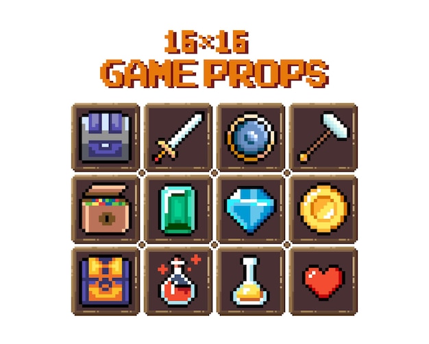 Set of 8bit pixel graphics icons Isolated vector illustration Fruits elixir potions eggs