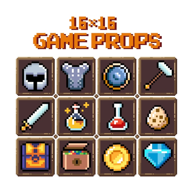 Set of 8bit pixel graphics icons Isolated vector illustration Game art potions weapons