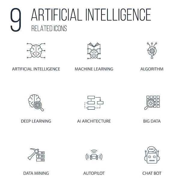Set of 9 Artificial Intelligence Related line Icons. Contains such Icons as Algorithm, Big data, Chat Bot and more. concept symbol creative design. Can be used for web UI/UX