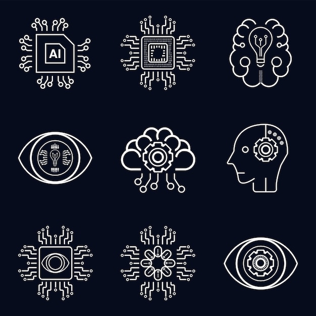 Set of 9 icons symbols for AI concept vector illustration design Nine artificial intelligent icons
