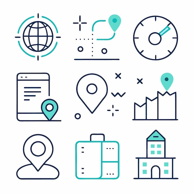 Set of 9 line icons related to location and travel