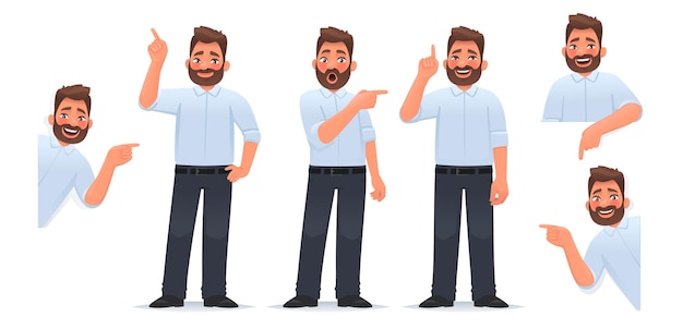 set of a man character pointing his finger in different directions up down looking joyful emotion