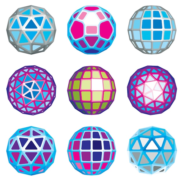 Set of abstract 3d faceted figures. Vector low poly design elements collection, scientific concept. Cybernetic orb shapes, abstract structures.