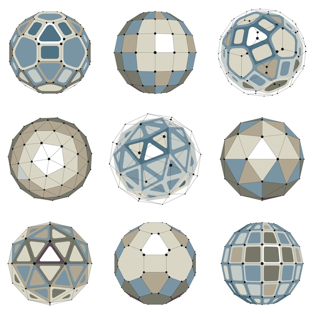 set of abstract 3d faceted figures with connected lines. vector low poly design elements collection, scientific concept. cybernetic orb shapes with grid and lines mesh, network structure.