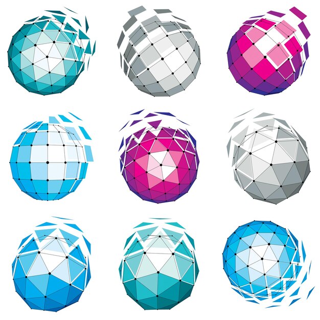 Set of abstract 3d faceted figures with connected lines. Vector low poly design elements collection, scientific concept. Cybernetic orb shapes with grid and lines mesh, network structure.