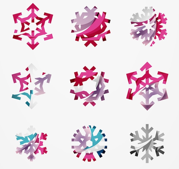 Set of abstract colorful snowflake logo icons winter concepts clean modern geometric design