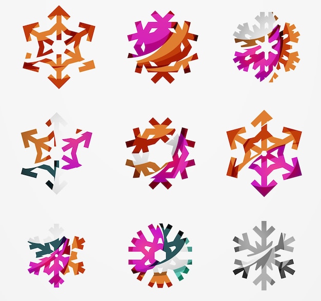 Set of abstract colorful snowflake logo icons winter concepts clean modern geometric design
