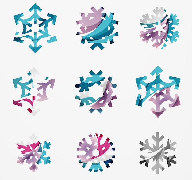 Set of abstract colorful snowflake logo icons winter concepts clean modern geometric design