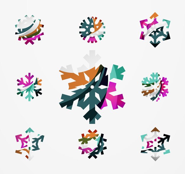 Set of abstract colorful snowflake logo icons winter concepts clean modern geometric design