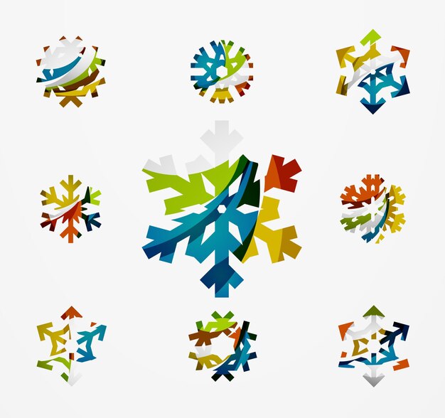 Set of abstract colorful snowflake logo icons winter concepts clean modern geometric design