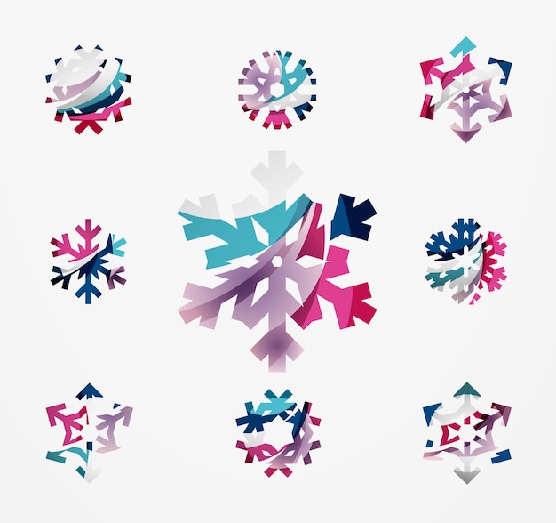 Set of abstract colorful snowflake logo icons winter concepts clean modern geometric design