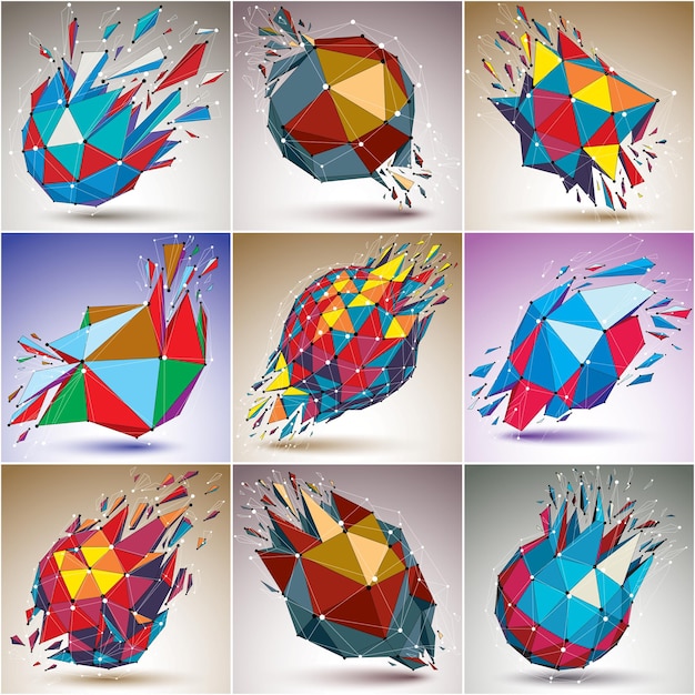 Set of abstract colorful vector low poly wrecked objects, Black and white connected lines and dots. 3d origami futuristic forms with lines mesh. Communication technology cybernetic elements.