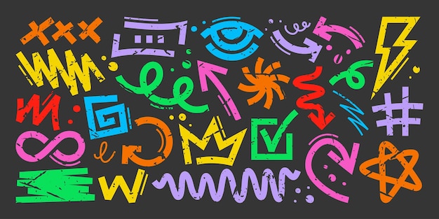 Set of abstract graffiti symbols on dark background
