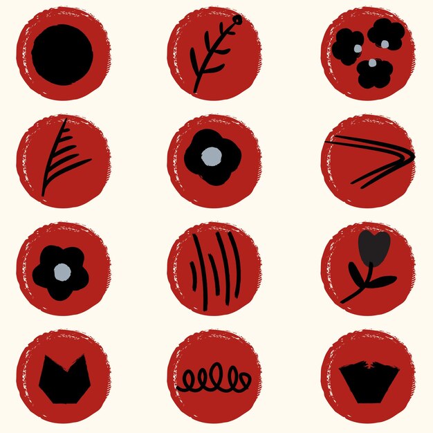 set of abstract hand drawn elements collection of circle shape stripes dots lines in red background