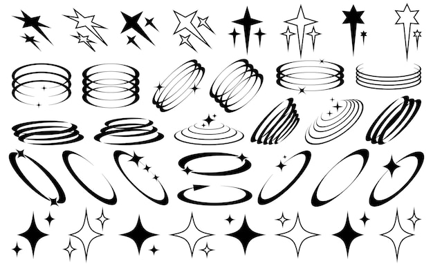 set of abstract retro futuristic y2k elements and shapes ellipse and star