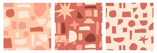 set of abstract seamless patterns with hand drawn abstract geometric spots in a trendy earthy palette.