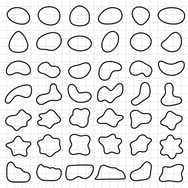 Set of abstract shapes on grid paper Various abstract shapes in a grid Black outlines of abstract shapes perfect for design projects and creativity Black shape vector set