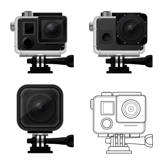 Set of action camera illustration in waterproof case - sport cam illustration