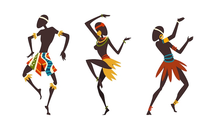 Vektör set of african man and woman dancing ethnic dance set aborigines in bright traditional clothing performing ritual dance cartoon vector illustration