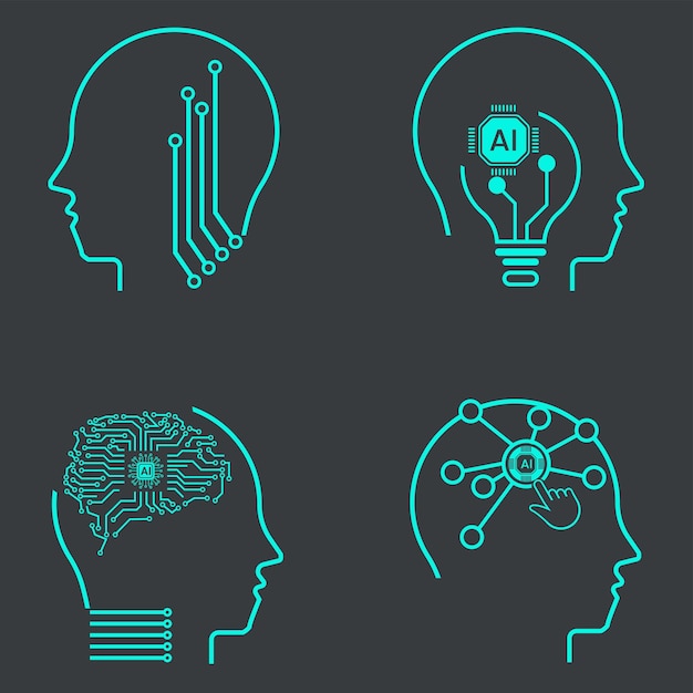 Set of AI line style machine learning robot heads Collection of FOUR Artificial intelligence icons