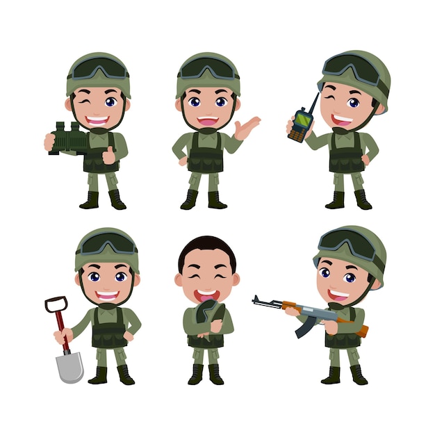 set of army soldiers man in uniform with difference action
