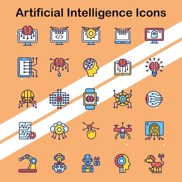 Set of artificial intelligence icons depicting various AI technologies and concepts ideal