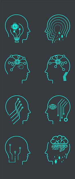 Set of Artificial intelligence line style machine learning robot heads Collection