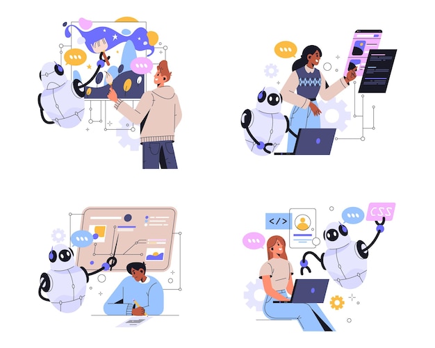 Set of artificial intelligence or ai helpers vector cartoon robot help people coding and drawing
