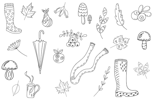 set of autumn items doodle outline sketch on white background