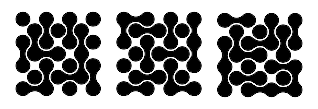 set of background with black liquid connected circle dotsmetaballs pattern on white