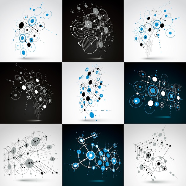 Set of Bauhaus retro wallpapers, art vector backgrounds made using grid and circles. Geometric graphic 1960s illustrations can be used as booklet cover design.