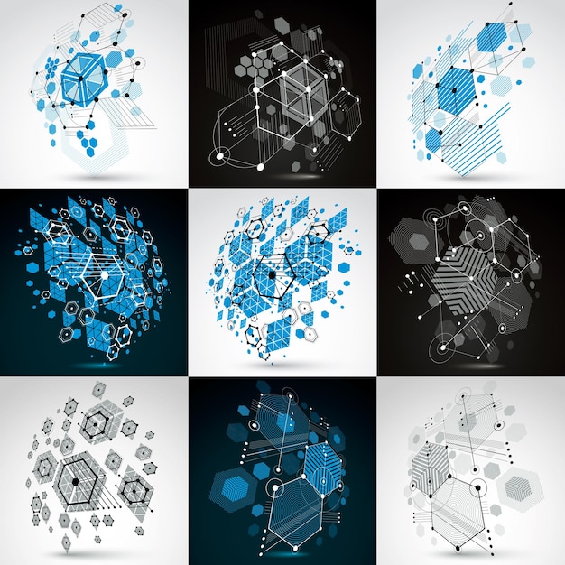 set of bauhaus retro wallpapers, art vector backgrounds made using grid and hexagons. geometric graphic 1960s illustrations can be used as booklet cover design.