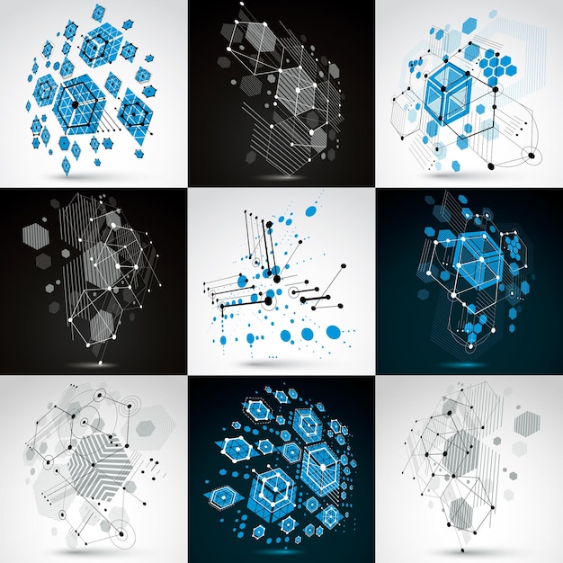 set of bauhaus retro wallpapers, art vector backgrounds made using grid and hexagons. geometric graphic 1960s illustrations can be used as booklet cover design.