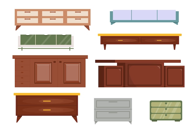 Set of beautiful nightstands tables in cartoon style Vector illustration of modern tables of different shapes and sizes isolated on white background Interior elements Home and office furniture