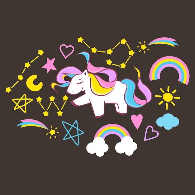 Set of beautiful unicorn elements on dark background, vector eps 10 format