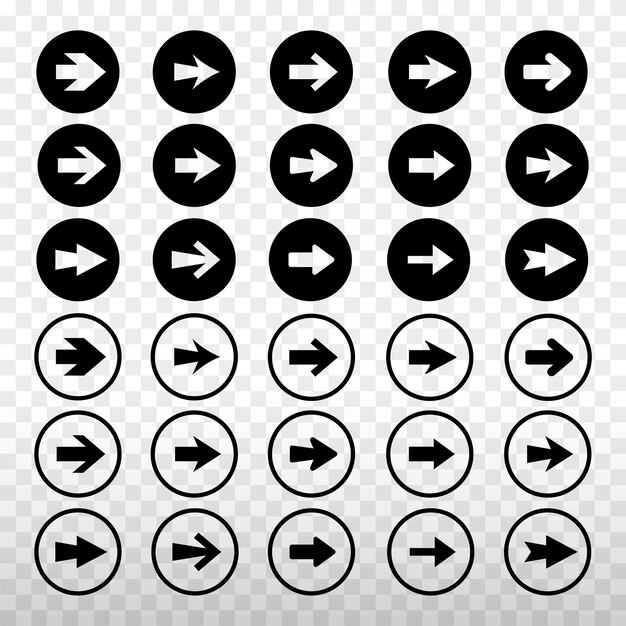 Set of black and white arrow icons in circles Arrows point right in various styles Circular arrow icons for navigation or direction Element vector set